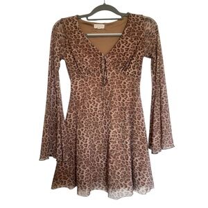 See You Monday Leopard Print Long Flared Bell Sleeve Mini Babydoll Dress